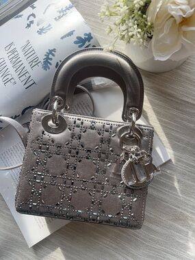Dior Mini Beaded Satin Cannage Lady Dior Satchel Silver